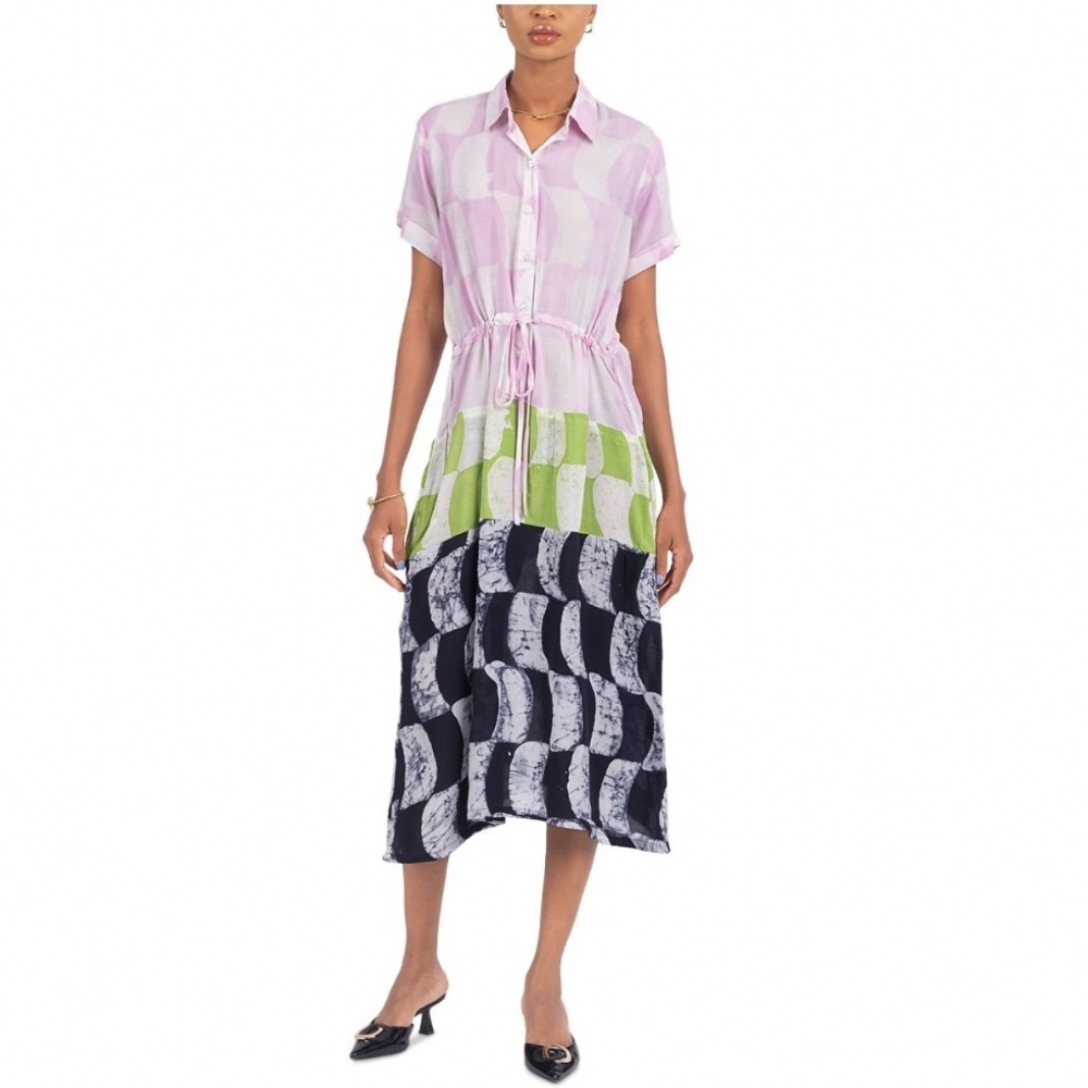 Busayo Kilani Midi Dress Multicolored Abstract Print Tiered Shirt Dress Small